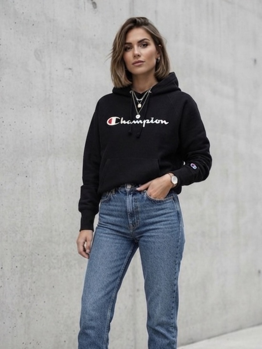 New Champion Powerblend Black & White  Logo Hoodie Size Small